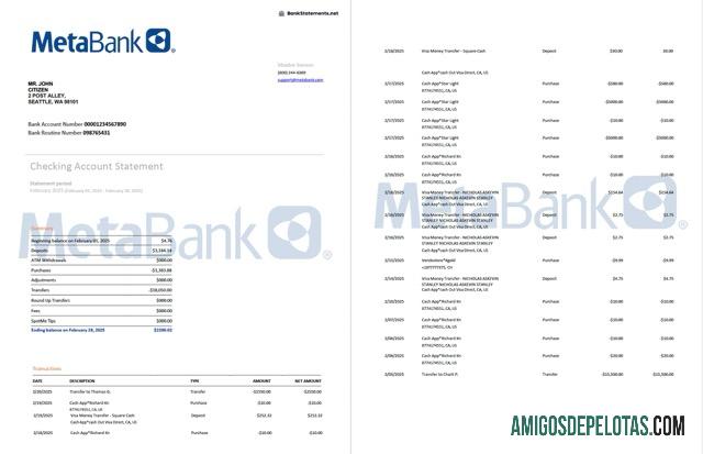 em branco EUA Washington Metabank Extrato de conta modelo Word e PDF, 2 páginas